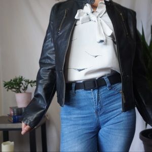 Black leather jacket without collar